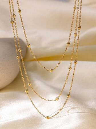 1 pieza Collar de cadena de 3 capas de acero inoxidable con cuentas, collar de cuentas con capas de moda minimalista, accesorio de collar versátil, ligero y de lujo, adecuado para niñas y mujeres (cantidad de cuentas aleatoria)