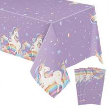 1pc/4pcs Purple Unicorn Birthday Party Tablecloth, Cute Cartoon Unicorn Birthday Theme Decoration, Includes Unicorn & Girl Birthday Tablecloth, Disposable PE Tablecloth 54 X 108 Inches
