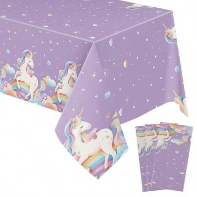 1pc/4pcs Purple Unicorn Birthday Party Tablecloth, Cute Cartoon Unicorn Birthday Theme Decoration, Includes Unicorn & Girl Birthday Tablecloth, Disposable PE Tablecloth 54 X 108 Inches