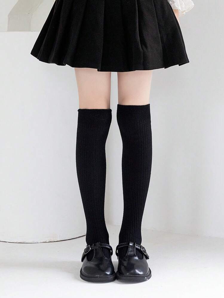 3 Pairs Kids' Solid Color Ribbed Knee High Socks, Versatile Elastic Stockings For Teenagers And Students - Multicolor - View 35