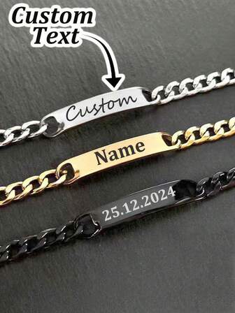 1pc Classic Vintage Stainless Steel Men's Chain Curved Brand Bracelet Custom Engraving Bracelet Personalized Fashion Adjustable Name Bracelet Wedding Jewelry Anniversary Valentine's Day Gift For Boyfriend Husband Christmas Gift For Men With Gift Box,Multi-Functional,Durable,Ornamental,Reusable,Exquisite,Stylish,High-Quality,Colorful,Modern,Custom,Personalized,Unique,Ideal Gifts For Him,Ideal Gifts For Her