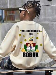 男童印花圆领保暖套头卫衣，适合上学和秋冬季穿着 - 杏色 - 查看 4