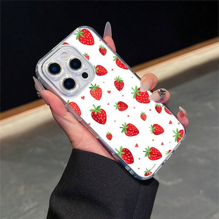 CLEAR CASE Red Strawberries And Hearts Seamless PatternCompatible With 11 To 17 Models The Cases Lens Protection Function Ensures The Camera Remains Undamaged During Shooting Guaranteeing Image Quality - Clear - View 1
