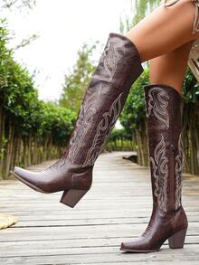 秋冬棕色优雅过膝西部靴，侧拉链设计，时尚百搭，舒适易穿，派对吸睛之作，高跟，牛仔靴 - 咖啡棕 - 查看 5