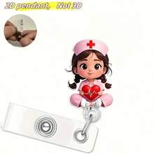 2D亚克力扁平护士证件套，单件装，粉色爱心护士图案 - 卡通护士拿杯子插图，耐用证件套，适合教师、学生、医生、办公礼品、圣诞节、新年礼物、趣味礼品 - 查看 2
