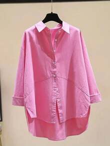 Women's Simple Solid Color Daily Wear Buttoned Shirt,Long Sleeve Tops Casual Pink Summer - Pink - View 3
