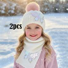 مجموعة قبعة وأوشحة مزينة بالترتر على شكل فراشة للأطفال البنات، مجموعة إكسسوارات شتوية دافئة - 2 قطعة - مشاهدة 2