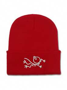 1pc Cartoon Bird Embroidered Streetwear Retro School Style Knit Beanie Hat, Warm Winter Headwear For Men
