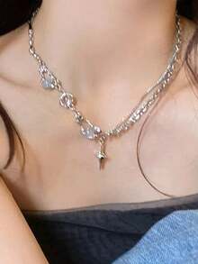 Rhinestone Decor Star Charm Layered Necklace - Silver - View 1