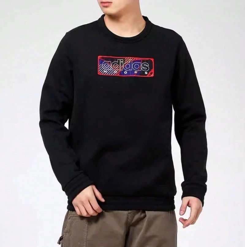 Adidas Men's Thickened Loose Fit Crew Neck Pullover Fleece Sweatshirt - Black - View 1