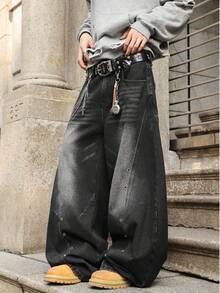 男士阔腿拼接喇叭牛仔裤，美式Y2K街头潮流时尚设计休闲百搭牛仔裤 - 黑色 - 查看 4