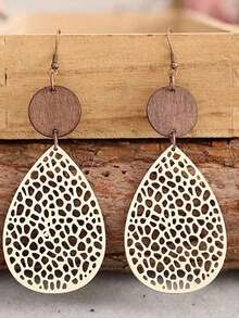 1 Pair Retro Hollow Spiderweb Pattern Wooden Dangle Earrings - 彩色 - 查看 6