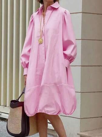 2025春夏新款女士翻领衬衫裙，长袖宽松纯色休闲外出办公中长连衣裙