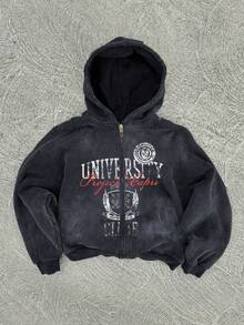 Men's Lightweight Sweatshirt With Letter Badge & Vintage Print, Zip-Up Hoodie For Spring & Autumn - Black - View 1