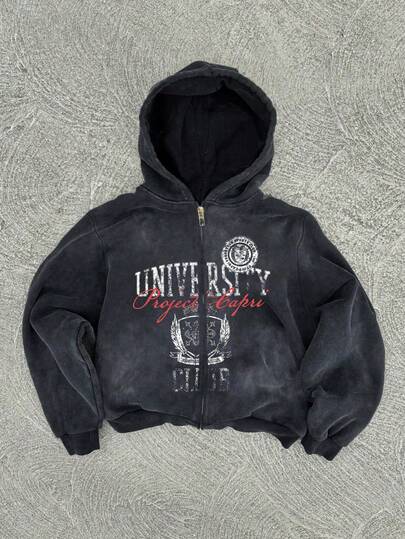 男士轻薄卫衣，饰有字母徽章和复古印花，连帽拉链衫，适合春秋季穿着