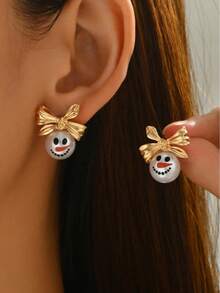 1 Pair Golden Bow Exquisite Snowman Dangle Earrings - Faux Pearl, Rhinestone Snowflakes, Tassel Accents, Christmas Style, Xmas Holiday Gift, Ear Jewelry With Dangle Design, Festive Holiday Accessories - Multicolor - View 1
