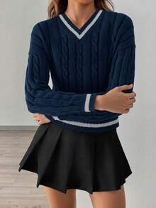 1 buah Atasan Kasual Serbaguna Nyaman Leher V untuk Anak Perempuan, Cocok untuk Aktivitas Luar Ruangan, Perjalanan, Pesta, Musim Gugur/Dingin - Navy Blue - View 3