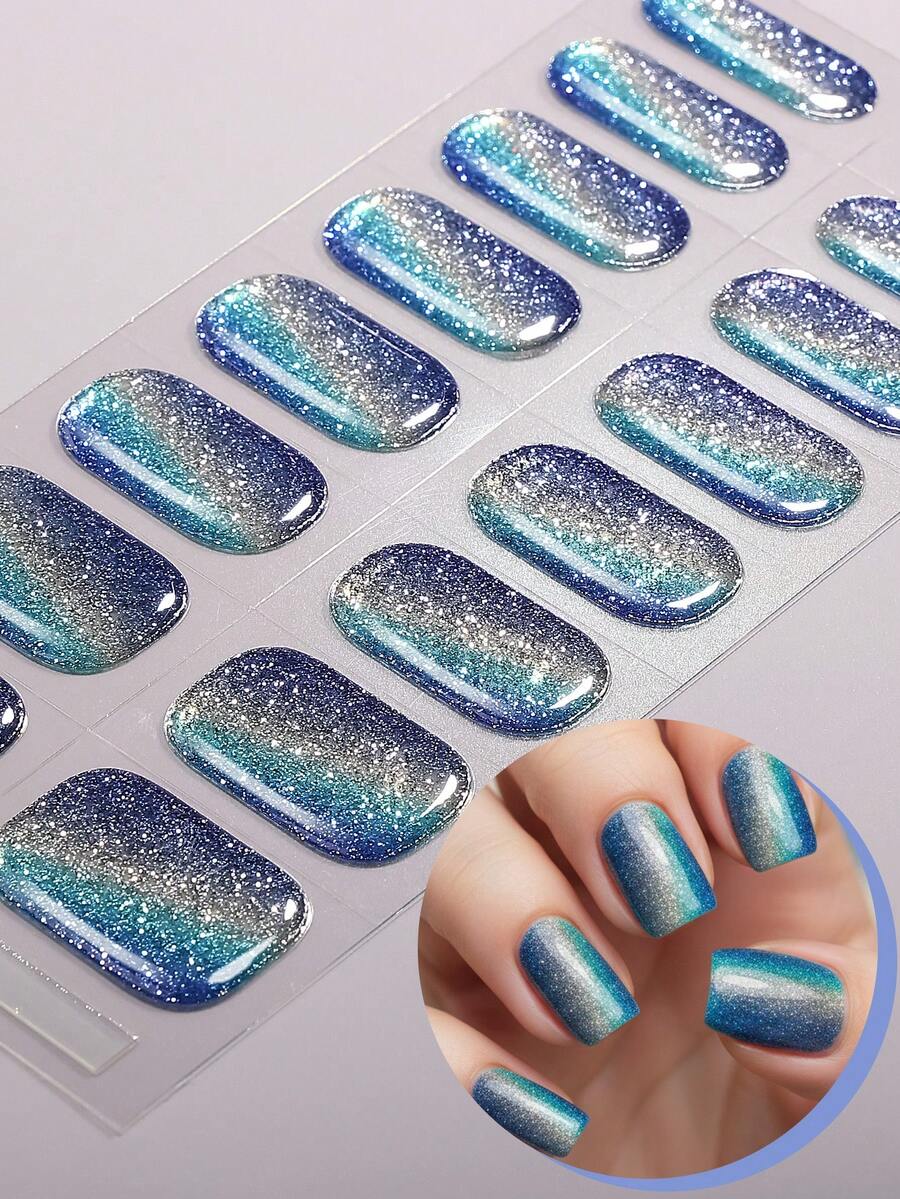 16pcs Cat Eye Semi Cure Gel Nail Strips, Winter Nail Art Metallic Blue Gradient UV Nail Stickers, Salon Quality, Easy To Apply And Remove, Suitable For Women's Party DIY Nail Art Supplies