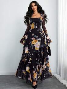 女士优雅性感现代奢华长袖Y2K浪漫荷叶边双层印花连衣裙 春假 - 彩色 - 查看 5