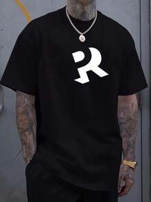 Men's Casual T-Shirt With Bold PR Letter Print – Comfortable Crew Neck Short Sleeve T-Shirt, Minimalist Beige Design For Spring And Summer Vacation, Perfect Gift Idea, Spring Summer Clothing, Bold Letter Print, 100% Cotton Knit Fabric - 黑色 - 查看 1