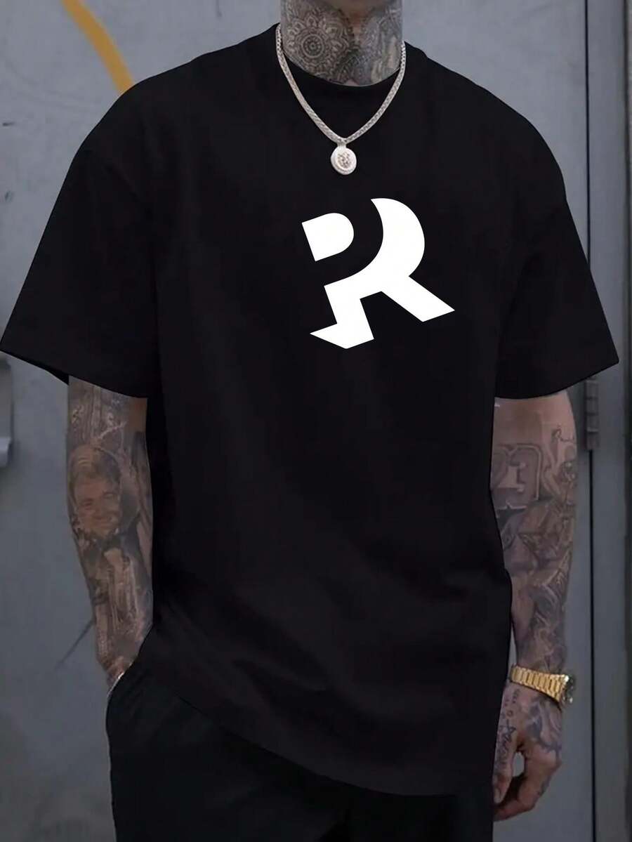 Men's Casual T-Shirt With Bold PR Letter Print – Comfortable Crew Neck Short Sleeve T-Shirt, Minimalist Beige Design For Spring And Summer Vacation, Perfect Gift Idea, Spring Summer Clothing, Bold Letter Print, 100% Cotton Knit Fabric - 黑色 - 查看 1