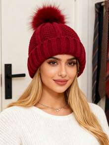 Women's Winter Beanie Hat With Satin Lining And Faux Fur Pom-Pom, Warm Knitted Hats For Women In Winter - Multicolor - View 2