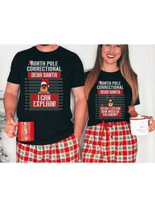 1pc T-Shirt Dear Santa Couple Christmas Shirt, Funny Christmas Tee Gift For Couple, Christmas Couple Matching Tshirt, Couple Sweater, Ugly Sweater Party - 女款-黑色 - 查看 1