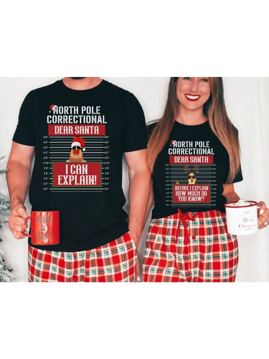 1pc T-Shirt Dear Santa Couple Christmas Shirt, Funny Christmas Tee Gift For Couple, Christmas Couple Matching Tshirt, Couple Sweater, Ugly Sweater Party - 女款-黑色 - 查看 1