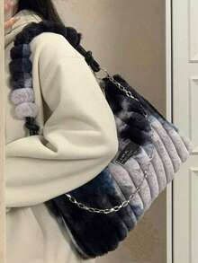 Dedoo 扎染毛绒单肩腋下包，一款奢华的女士单肩毛绒方形包，魅力十足，优雅时尚。适合女性日常通勤、聚会、婚礼、舞会等场合。 - 黑色 - 查看 4