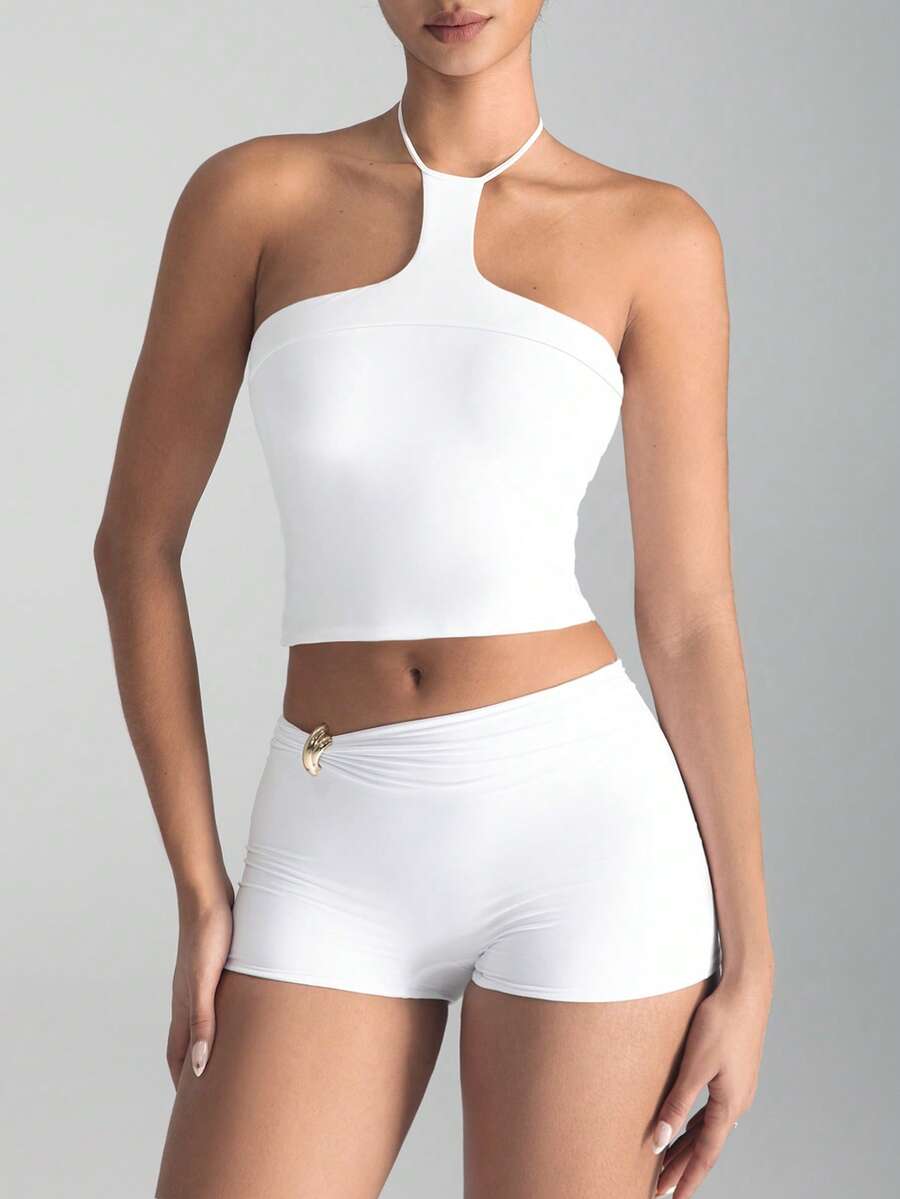 XLLAIS Top alb fără spate, pentru vară, elegant, casual, slim, streetwear, zi de zi, sexy, crop top - alb - Vizualizare 1