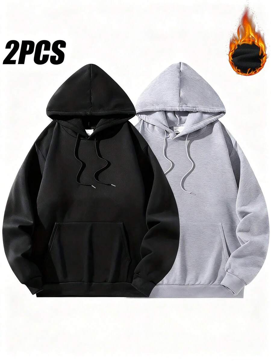 2pcs K-GLORY Men's Solid Color Casual Pullover Hoodies, Autumn/Winter - Multicolor - View 1