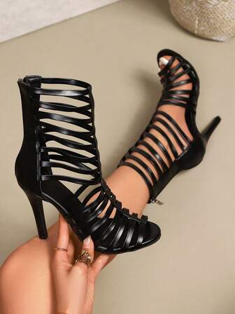 Women's Fashion Summer New Roman Style High-Top Hollow Lace-Up Delicate Stiletto High Heel Sandals