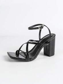 Sapatos de salto alto pretos femininos com bico quadrado e salto grosso, elegantes, minimalistas e confortáveis para festas, ideais para o dia a dia. - Preto - Ver 7