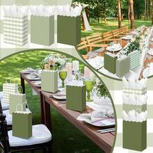 D24 Pcs Sage Green Gingham Party Plies Gift Bags With Handles Scallop Kraft Paper Treat Goodie Party Favor Bags For Baby Shower Birthday Wedding Decor Sage Green - 鼠尾草綠 - 查看 2
