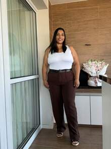 Straight Leg Plus Size Tailored Trousers 46-50 With Belt, Button And Zipper Closure 8827 - 鏽棕色 - 查看 2