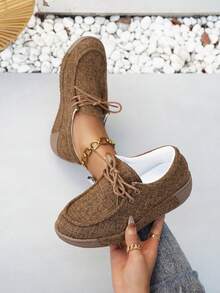 女士纯色系带平底便鞋，适合娇小身材的厚底增高休闲运动鞋，男女皆宜的百搭鞋款 - 棕色 - 查看 5