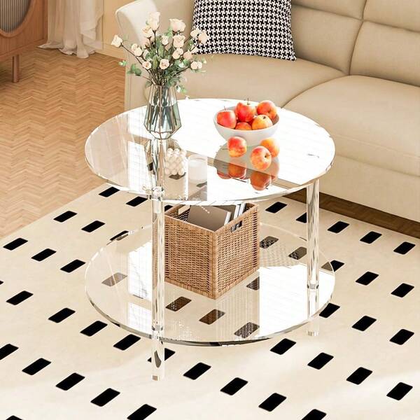 2-stöckiger transparenter runder Acryl Beistelltisch mit Stauraum, moderner klarer Glastisch für Wohnzimmer, einfacher transparenter runder Couchtisch für das Büro