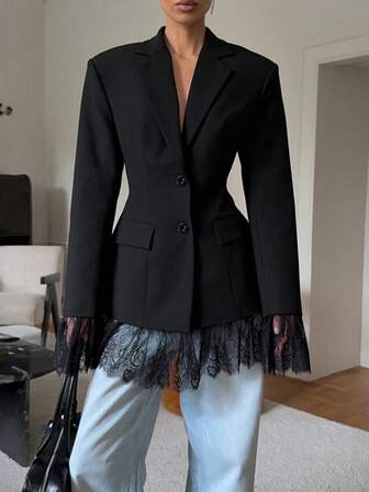 1pc Solid Color Woven Fabric Lace Patchwork Button Women Office Blazer, Suitable For Spring, Autumn And Winter