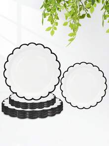 10个/20个/50个装黑白纸盘，7英寸/9英寸，白色纸盘带黑色滚边，可爱白色扇形纸盘，一次性花形餐盘，甜点派对餐盘，适用于婚礼、新娘送礼会、生日、毕业典礼、新年派对等场合的装饰 - 白底黑邊 - 查看 3