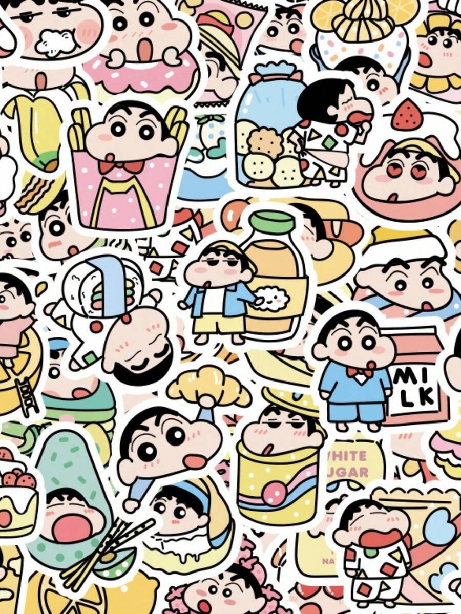 A Set Of 50PCS Food Crayon Shin-Chan Stickers, Super Cute Cartoon Character Mixed Diy Notebook Stickers, Waterproof, Suitable For Decorating Mobile Phones, Laptops, Suitcases, Water Cups, Skateboards - Multicolor - View 1