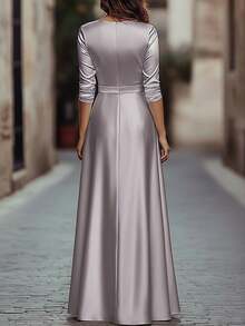 Vuslat 女士春季优雅银色缎面 V 领七分袖长款连衣裙 - 系腰带飘逸正式晚礼服，适合伴娘、婚礼、派对、正式场合，时尚法式别致奢华丝滑缎面轻盈连衣裙，适合宴会、派对、通勤、情人节等场合。 - 淺灰紫 - 查看 3