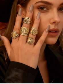 A Set Of 5 Vintage-Engraved Floral Pattern Mixed-And-Matched Western-Style Antique Gold Open Rings, Exuding A Simple And Elegant Charm, Perfect For Everyday Wear, Casual Occasions, Holidays, And Special Occasions.Party Favors,Halloween, The Best Choice For Christmas Party Gifts - 老錢戒指 - 查看 9