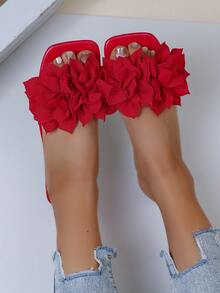 Breezelady Women's Cute Floral - Decorated Slide Sandals, Open Toe, Flat Heel, Bohemian - Sweet Style, Red, Fabric Material, Summer Daily & Party Shoes - 紅色 - 查看 4