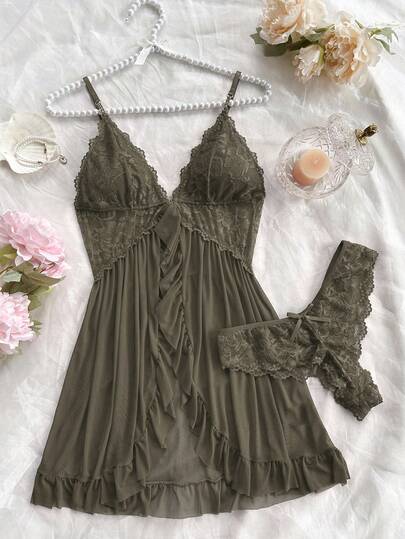 Women's Sexy Solid Color Lace Camisole Nightgown With Matching Lace Panties, V-Neck Design Accentuates Elegant Neckline, Delicate Lace Patterns Add Soft Femininity, Ruffled Hem And Bust Bring Playful Charm, Ideal Gift For Her On Christmas, Valentine's Day