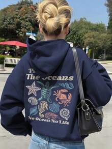 1件少女休闲印花套头卫衣，保暖内衬，长袖，秋冬季学生青少年服装 - 藏蓝色 - 查看 1