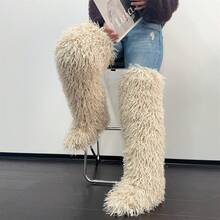 Women's Thigh High Fur Boots Faux Fur Fluffy Flat Warm Over The Knee Boots Tall Furry Snow Shoes For Women - 杏色 - 查看 1