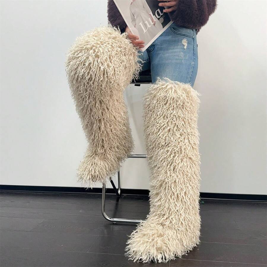 Women's Thigh High Fur Boots Faux Fur Fluffy Flat Warm Over The Knee Boots Tall Furry Snow Shoes For Women - 杏色 - 查看 1