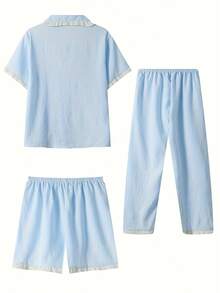 2025 New Women'S 3pcs Pajama Set - Cute Cartoon Sweet Style, Short Sleeve, Long Pants & Shorts, Casual Button-Up Homewear, Polyester Blend, Perfect For Adult, Adult Homewear | Playful Design | Polyester Blend - 天藍色 - 查看 9