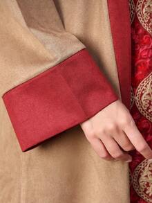 优雅刺绣阿拉伯风格连衣裙，长袖圆领时尚长袍，奢华优雅高贵刺绣设计卡夫坦长袍，2026秋冬款 - 杏色 - 查看 4