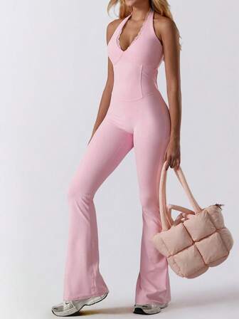 Aoqta Sports Women's Jumpsuit Solid Color Trim Halter Lace V-Neck Jumpsuit For Yoga Pilates Exercise Fitness